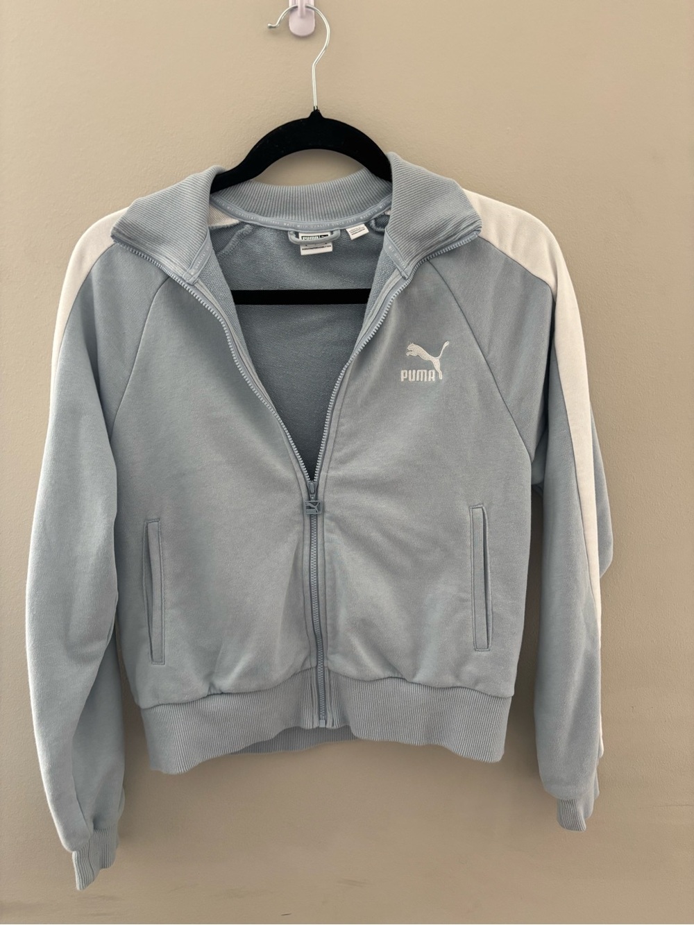 Puma Women Light Blue Zip-Up Track Jacket with White Stripes Size S